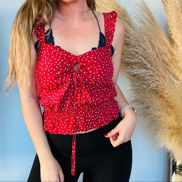NEW EXPRESS Red White Polka Dot Ruffle Tank Top Peplum Keyhole Tie Crop Shirt XS - Picture 2 of 12